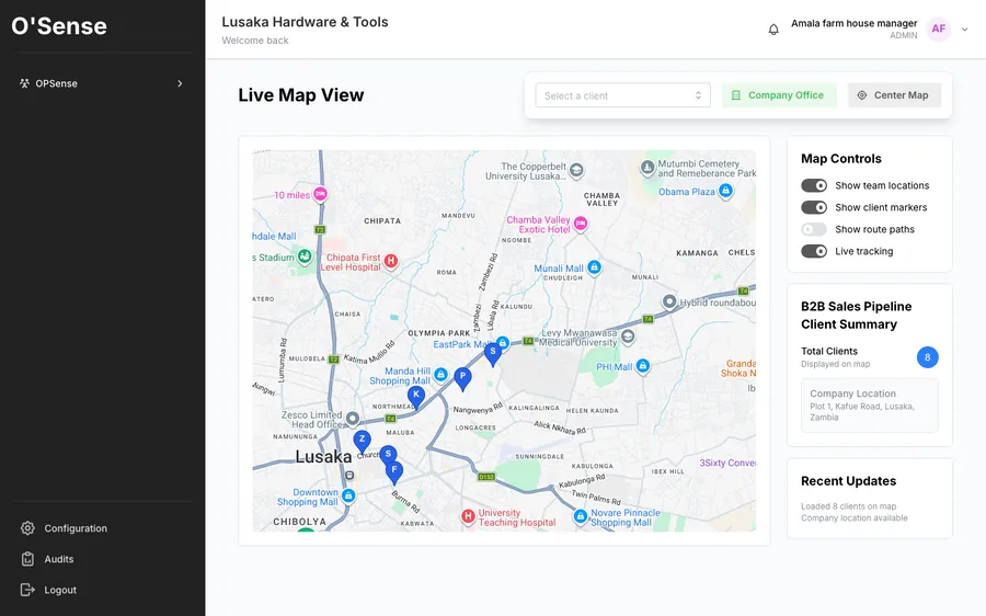 Live map view plotting every client location across the territory