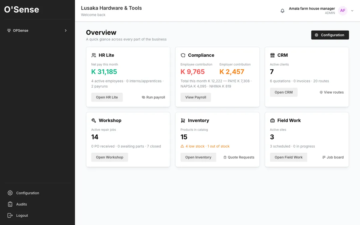 O'Sense admin overview showing HR, payroll, CRM, workshop, inventory and field work in one screen