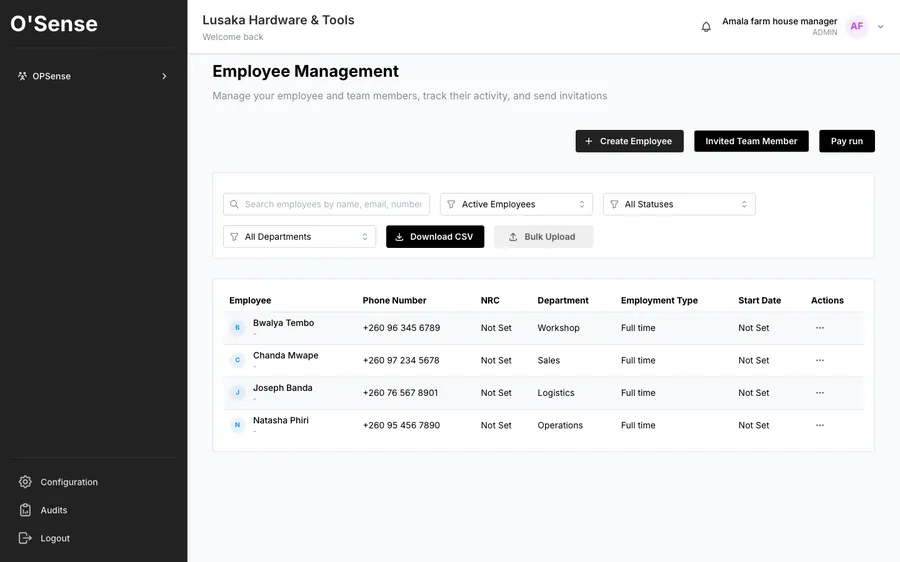 Employee management roster with departments and phone numbers