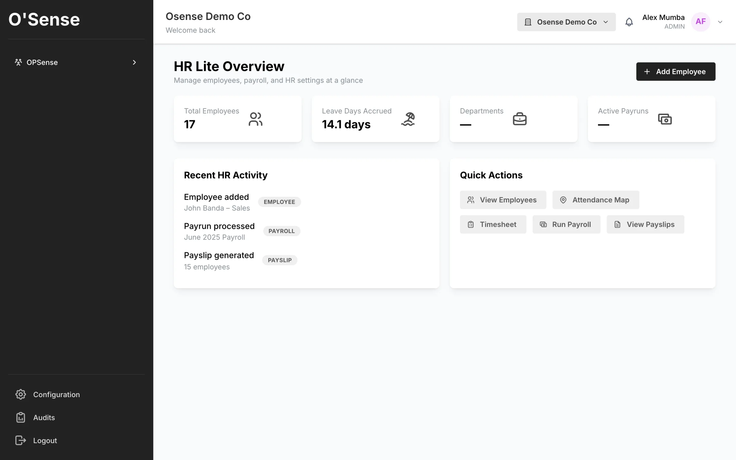 HR Lite overview showing employees, leave days accrued and payroll status