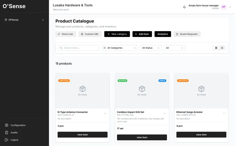 Product catalogue and inventory management dashboard