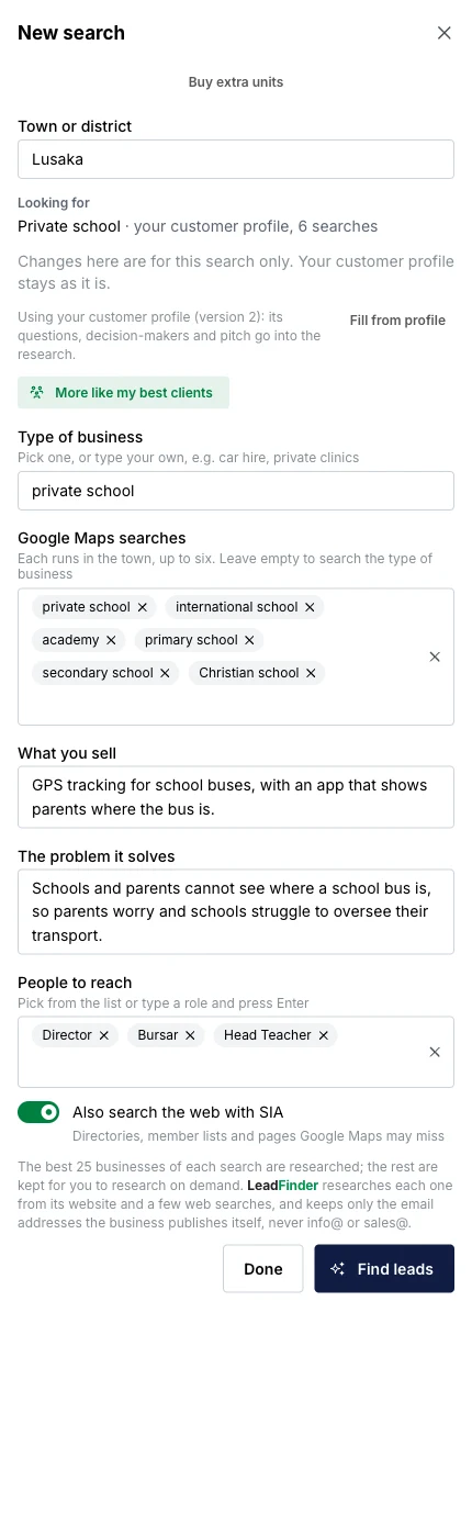 LeadFinder on a phone: new search with town, business type, Google Maps searches, what you sell, who to reach and the web-search switch