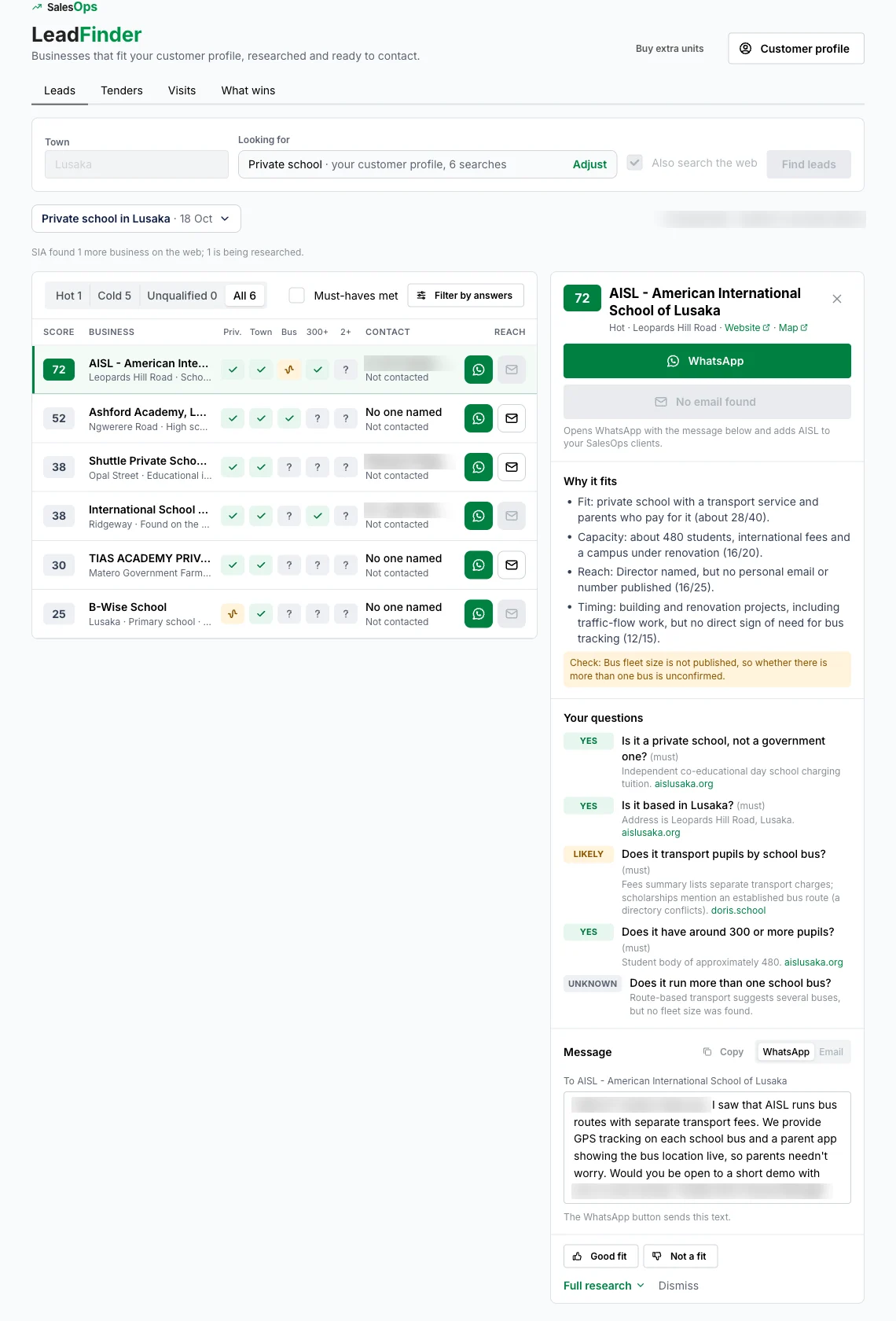 LeadFinder lead list for private schools in Lusaka with scores, answers and the open lead panel