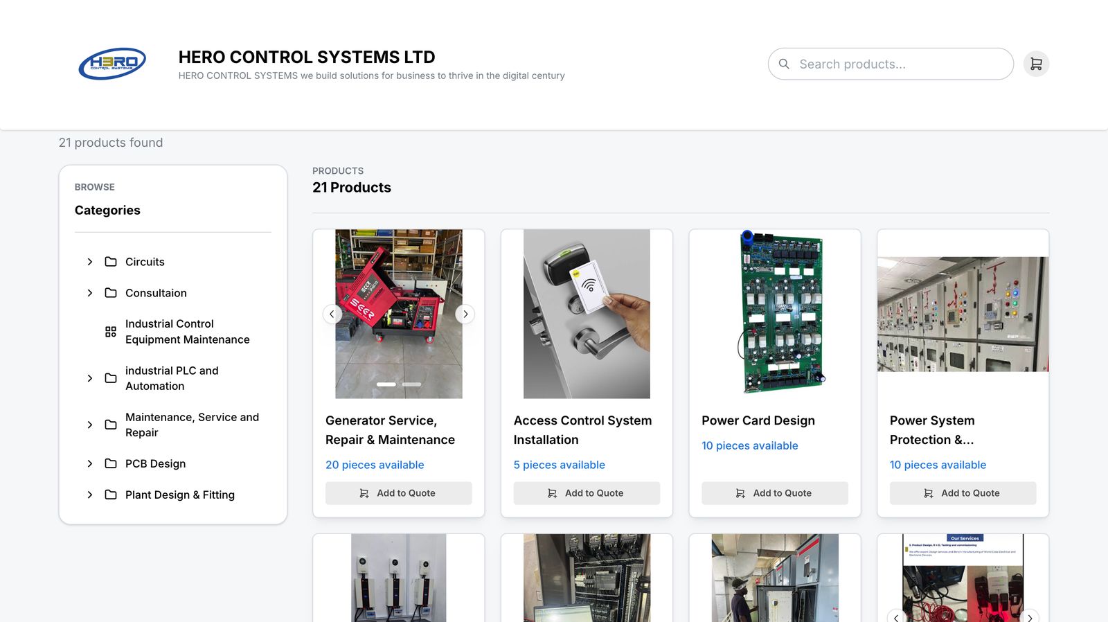Public online store built from inventory, showing product categories and Add to Quote buttons