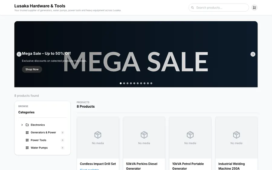Public online store built from inventory, showing products and categories
