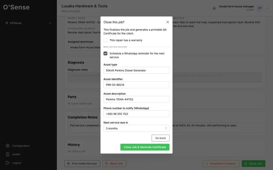 Closing a workshop job with the automatic next-service WhatsApp reminder option